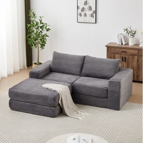 Canapé-lit modulaire 194x169,5x74 cm gris avec repose-pieds amovible en tissu côtelé MEUBLIV (1/5)