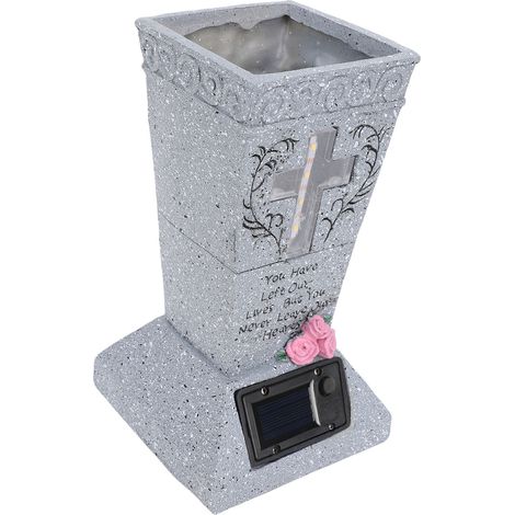 Vase de cimetière et pierre tombale solaire en résine avec LED, piquet de sol et drainage réglable pour fleurs (1/5)