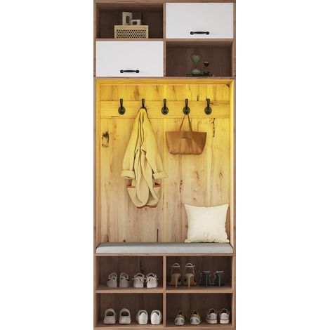 Ensemble de meuble d’entrée, ensemble complet avec banc, 5 crochets, 2 portes et 6 espaces de rangement ouverts - couleur bois naturel et blanc, 80×185×35 cm (L×H×P) (1/5)