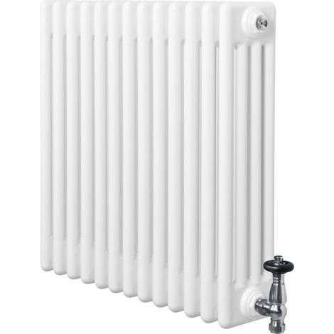 Radiador Horizontal 4 Columnas Blanco 600x605 mm con Válvulas Termostáticas – Radiador Tradicional de Acero, 756W, Calefacción Eficiente Incluye Soportes, Kit y Cepillo – Garantía 15 Años