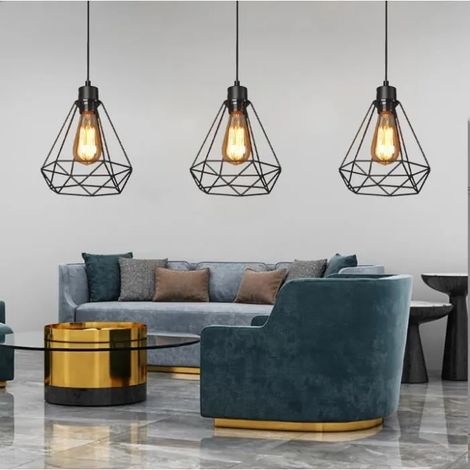 Suspension Luminaire Cage en Métal - - Fusion LOT DE 3 - Noir - 40W - E27 (1/4)