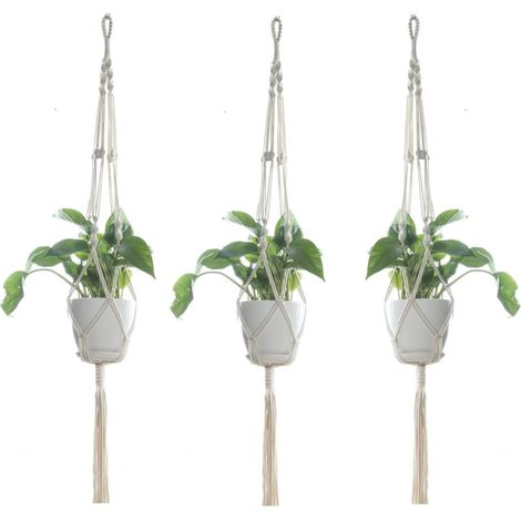 Lot de 3 suspensions de fleurs - Corde en coton - Suspension pour pot de fleurs - Support de plantes d'intérieur - Style bohème - Blanc - Corde à suspendre - Pour l'intérieur et le balcon (1/2)