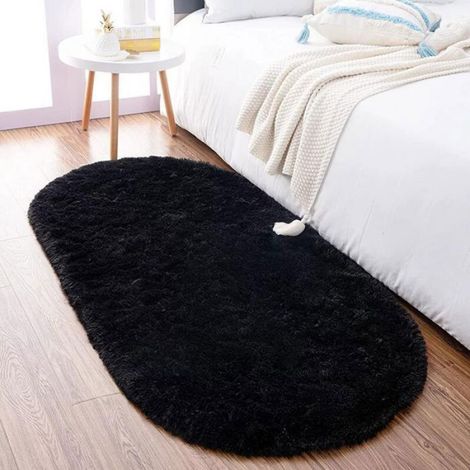 Tapis de Chambre Ovale 80 x 160 cm Noir Shaggy Moquette Doux Moelleux Tapis de Salon Descente de lit Tapis Noir noir TAPIS (1/4)