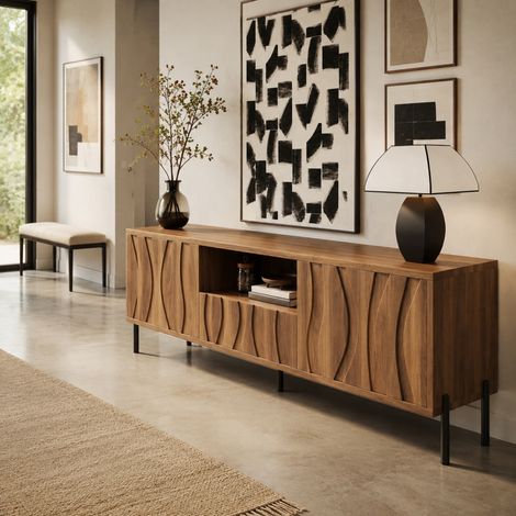 Mueble TV FloraGrace 160 x 35 x 46 cm de MDF natural con almacenaje para salón moderno (1/5)