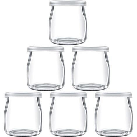 Lot de 6 bocaux à yaourt en verre transparent de 200 ml avec couvercle, polyvalents, pour yaourt, dessert, pudding, confiture, sans BPA (1/5)