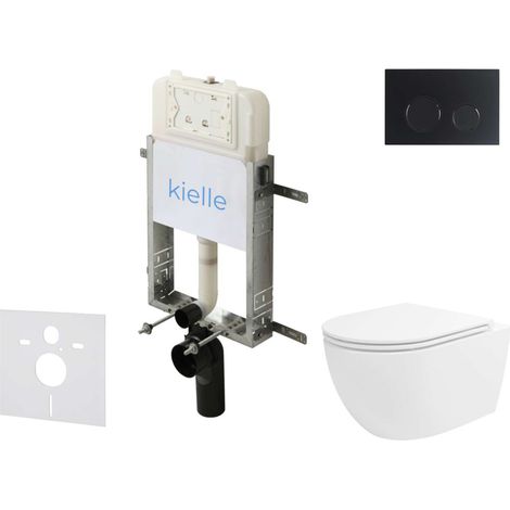 kielle Genesis New - Conjunto de instalación empotrada, inodoro Oudee, Vortex Rimless+, asiento softclose y pulsador Gemini New II, negro mate 30528SZ33