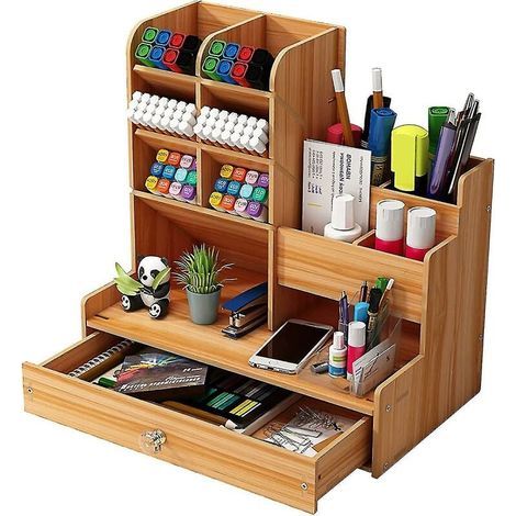 Organiseur de bureau en bois avec porte-stylo de bureau. grande capacité. boîte de rangement de papeterie avec tiroir pour la maison. le bureau et l'école (couleur cerise B17) (1/5)