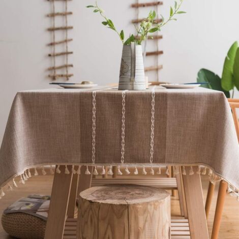 Nappe en Coton et Lin Robuste pour Tables Rectangulaires Nappe avec Broderie en Treillis Solide pour Décoration de Table à Manger de Cuisine. (140 x 180 cm, Kaki)