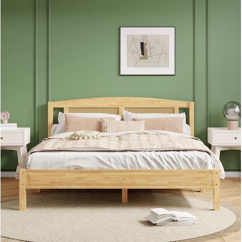 Lit double 160/200 cm naturel en bois de pin et rotin PE avec 15 lattes et pieds centraux (1/5)