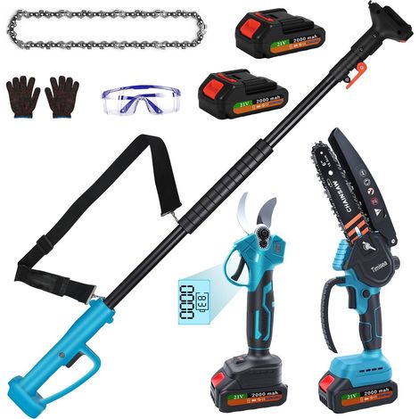 Sécateur sans fil 4 en 1 avec batterie lithium-ion 21 V, élagueuse télescopique jusqu'à 1,7 m, mini tronçonneuse de 20,3 cm, sécateur de 3 cm - Accessoires inclus (1/5)