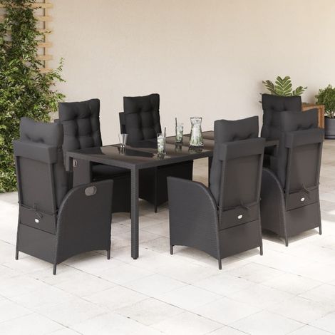 Ensemble de Jardin 7 Places avec Coussins Table et 6 Fauteuils Noir en Résine Tressée Table en Verre Trempé 190x90 cm Dossiers Réglables (1/5)