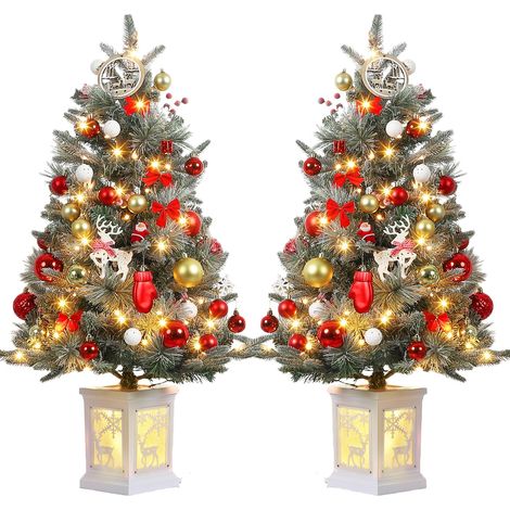 Lot de 2 sapins de Noël artificiels, 90 cm, effet enneigé, 78 LED blanc chaud, caisson lumineux motif renne, fonctionne sur piles – Pré-éclairés – Idéal pour décorer une table ou une cheminée (1/5)