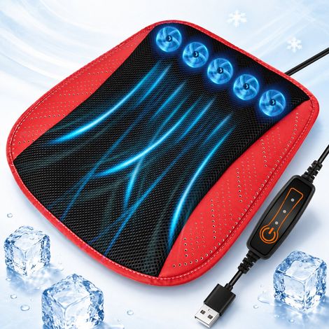 Cuscino per sedile auto ventilato con 5 ventole USB, traspirante e confortevole (12V/24V, rosso). (1/5)