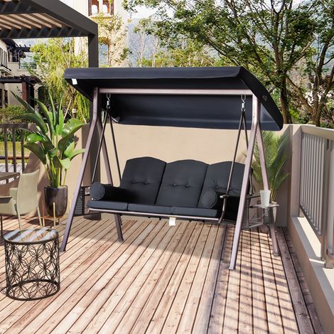 Sedia a dondolo da giardino Outsunny a 3 posti, extra comfort, tettuccio inclinabile regolabile, cuscini, vassoi estraibili, poliestere filato, nera