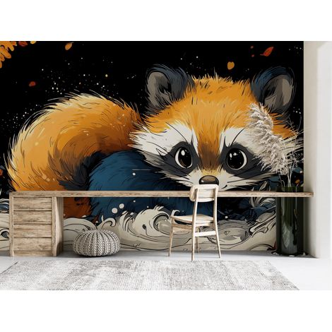 Papier peint animaux - petit raton laveur dans les feuillages - 150 x 250 cm (1/2)