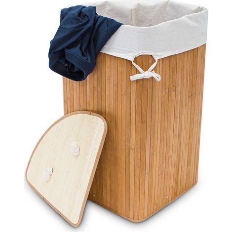Relaxdays 2x Laundry Baskets, Bamboo Clothes Separator System, Hamper, Linen Bag, 60L each, 65 x 49.5 x 37 cm, Natural