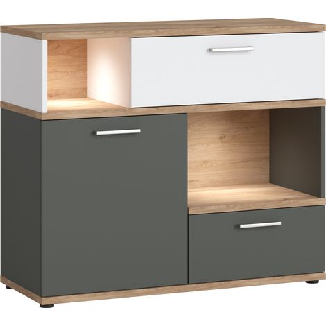 Sideboard mit Beleuchtung in Eiche Nb. mit weiß und grau TOMAR-129, B/H/T ca. 100/86/40 cm (1/5)