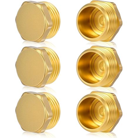 Lot de 6 bouchons d’extrémité pour tuyau d’arrosage avec joints, bouchon fileté mâle GHT 1/2 pouce en laiton pour robinet extérieur, style rond doré (1/5)
