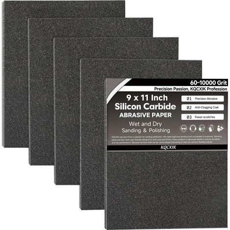 Lot de 12 feuilles de papier abrasif à grain 60 - 22,9 x 27,9 cm - Dos flexible importé - Abrasif en carbure de silicium noir - Pour le travail du bois, l'automobile (1/5)