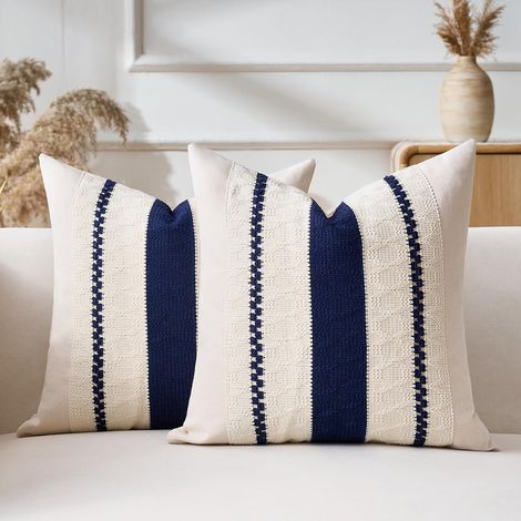 Lot de 2 Housse Coussin 40x40 Cm Coton Lin Bleu Fermeture Éclair Invisible Salon Chambre Décoration Rustique (1/5)