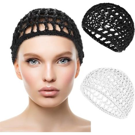 Lot de 2 filets de nuit crochetés - Bonnet de nuit en maille douce et réutilisable pour femme - Bonnet de nuit lissant et soyeux pour cheveux longs/courts - Noir + Blanc (1/5)