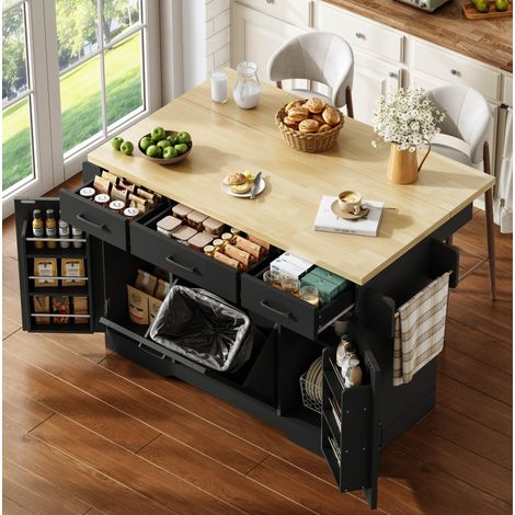 Isola da cucina mobile con piano ribaltabile in MDF 120 x 45(70) x 87 cm nera OKWISH (1/5)