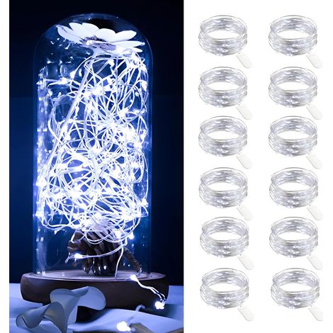 Juego de 12 guirnaldas de luces LED a pilas, 2 m, 20 LED, para interiores, mini guirnaldas de luces LED para jardín, dormitorio, bodas, fiestas, Navidad - Blanco frío (1/5)