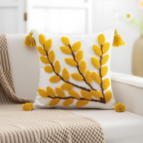 Housse de coussin touffetée à pompons coton lin motif floral pastoral 45x45cm, décoration pour canapé, sans garnissage intérieur (1/5)
