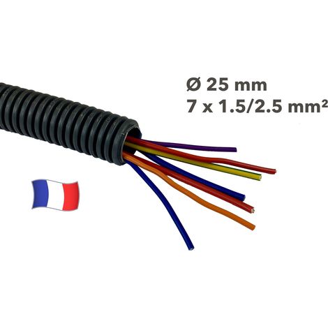 Gaine électrique préfilée 5 mètres diam 25 avec 7 fils Bleu, Rouge, Orange, Violet 1.5 mm² Bleu, Vert/Jaune, Rouge 2.5 mm² - PREFA ELEC