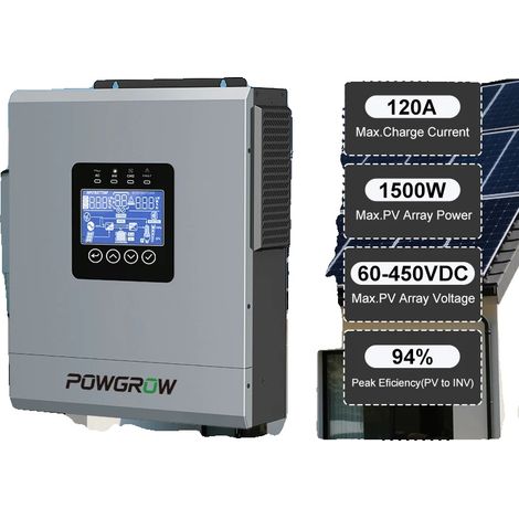 Inversor solar híbrido, 6500 W, 48 V, corriente máxima de entrada fotovoltaica 120 A, rango de voltaje MPPT 60-450 V CC, potencia máxima de 12 kVA (1/5)