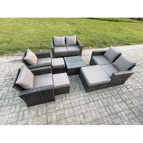 Fimous Outdoor Garden Furniture Sets 8 Pieces Wicker Rattan Furniture Manual Wicker Patio Sofa Patio Conversation Set with 3 Footstools Dark Grey Mixed (1/5)