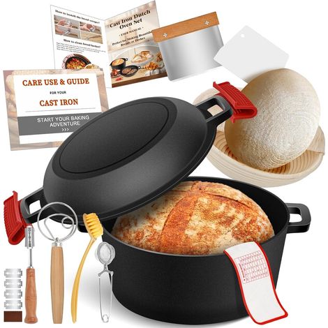 Casserole en Fonte pour la Cuisson du pain, 26cm Cocotte Panier de Levage de Pain Banneton, Matériel de Cuisson de Pain au Levain, Marmite 2 en 1 avec Couvercle de Poêle, Poignées de Poêle, 4.7L (1/5)