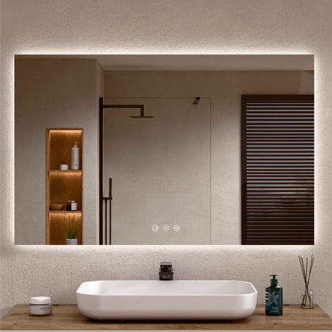 BELLOBATH - Miroir de salle de bain avec éclairage LED, lumière réglable en 3 couleurs et intensités - Éclairage indirect - 80cm haut x 120cm largeur