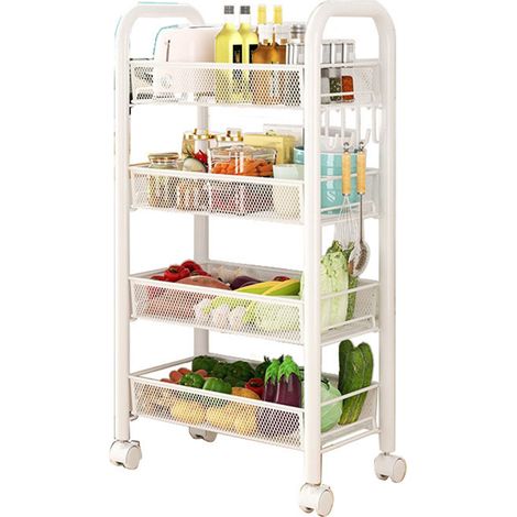 Chariot de rangement à roulettes, étagères de rangement à plusieurs niveaux, paniers à légumes et collations multifonctionnels et mobiles, étagères de cuisine blanches à quatre niveaux (1/5)