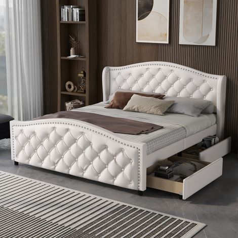 Lit double 160x200 capitonné simili-cuir blanc avec rivets, tête de lit, 2 tiroirs et sommier à lattes inclus (sans Matelas) (1/5)