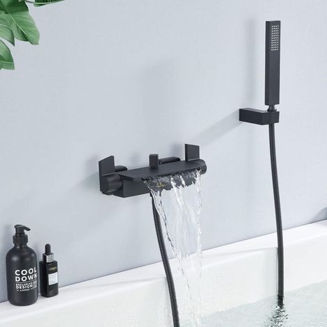 Wall-mounted bathtub faucet with hand shower, brass waterfall bathtub mixer, adjustable hot and cold water, 2 functions (1/4)
