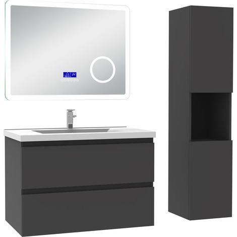 Ocean ensemble meuble 80 cm anthracite avec 2 tiroirs à fermeture automatique, lavabo céramique + miroir salle de bain Bluetooth tricolore + colonne haute, suspendu