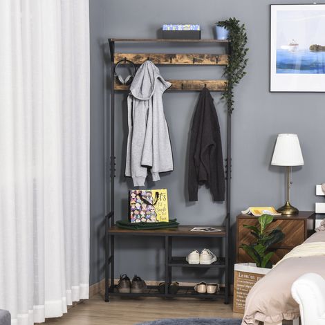 Perchero con Zapatero Perchero de Entrada Recibidor con 3 Estantes 9 Ganchos Patas Ajustables Estilo Industrial para Pasillo Dormitorio 84x34,5x180 cm Color Negro Marrón (1/5)