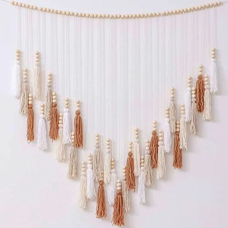 Suspension Murale Macramé - Perles Bois Détail Feuille - Décor Boho Chic pour Salon Chambre - 120 x 75 cm (1/5)