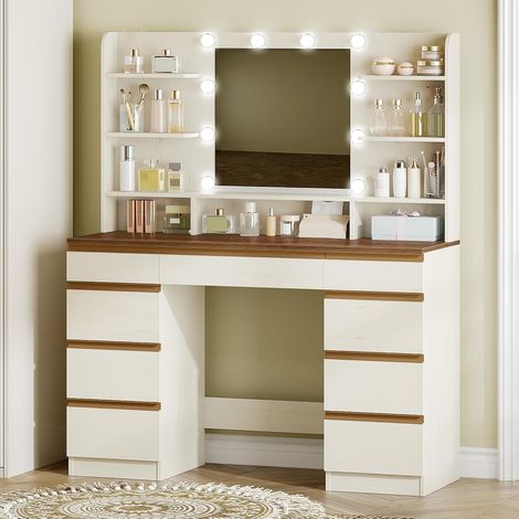 108cm Toeletta da Trucco con 10 Luce LED, 3 Colori, Luminosità Regolabile, Grande Specchio HD, 1 Cassetto Grande e 8 Cassettiere Piccole, 9 Vani Portaoggetti Aperti, Bianco-Marrone (1/5)