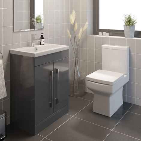600mm Bathroom Modern Vanity Unit Basin Close Coupled Square Toilet Gloss Grey (1/5)