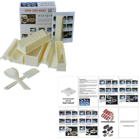 Sushi Making Kit Deluxe Edition with Complete Sushi Set 10 Pieces Plastic Sushi Maker Tool Complete with 8 Sushi Rice Roll Mold Shapes Fork Spatula D (1/5)