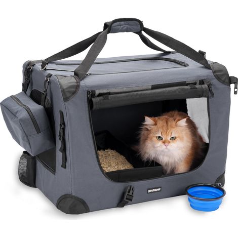 Grande Cage de Transport pour Chat - 61 x 41,9 x 41,9 cm - Souple - Portable - pour Voyage en Voiture - avec bac à litière Pliable et Bol (1/5)