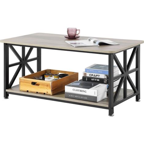 Table Basse Rectangulaire Meuble de Salon avec Rangement Ouvert Style Rustique Cadre Métal Marron et Noir 100x50x46,5 cm (1/5)