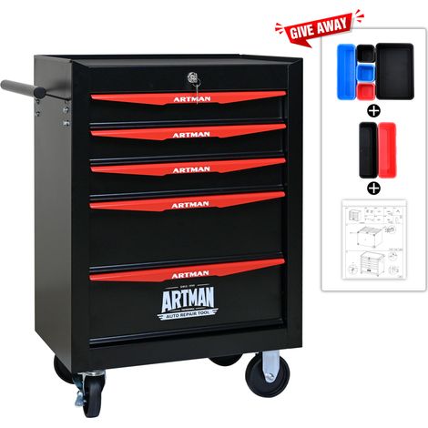 Carrello portautensili in acciaio con 5 cassetti MODENUIT nero e rosso (1/5)
