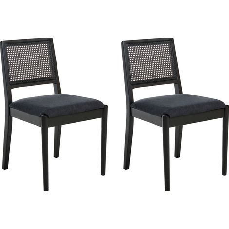 Conjunto de 2 sillas de comedor asiento tapizado en poliéster estructura de madera de caucho y respaldo de ratán PE de estilo retro para comedor negro Tamarac (1/5)