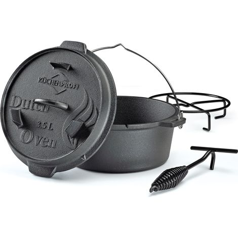 Pentola in ghisa Kuchenprofi Dutch Oven, con accessori per l'uso su griglia e sul fuoco da campo, 3,5 l, diametro 24 x 13,5 cm (1/4)