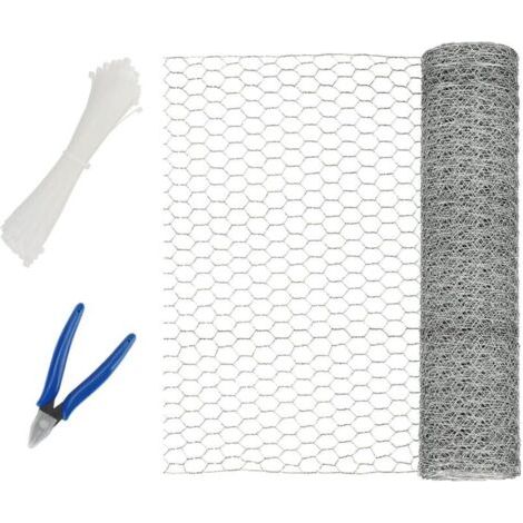 Grillage Hexagonal galvanisé de 40 cm x 10 m avec 100 attaches de câble et 1 coupe-fil, treillis métallique hexagonal pour travaux manuels, projets de jardin, décoration