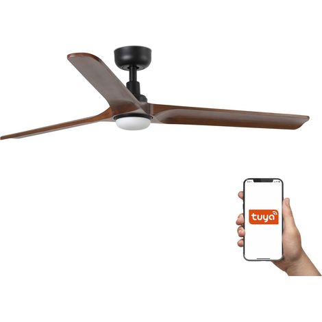 Faro Heywood Grand ventilateur 3 lames noir mat, noyer avec éclairage 2700 - 4000 - 6000 K, système intelligent Tuya (1/3)