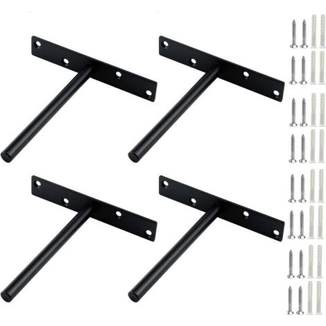 4 ensembles Support Étagère Invisible T Forme Équerres Fixation Murale Robustes pour Meuble Bibliothèque Cuisine Charge Lourde Acier Noir Durable